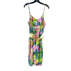 Attention Women's Spaghetti Strap Tropical Print Belted Party Dress Size Medium